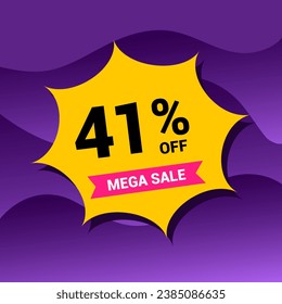 41% sale badge vector illustration on a purple gradient background. Forty one percent price tag. Yellow and purple.