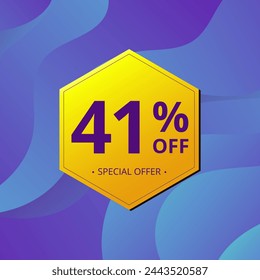 41% Sale and Discount Label. Forty one percent Sale Discount label Geometric design. Abstract Blue and Yellow Hexagon. Vector illustration.