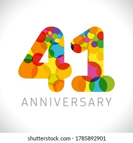 41 st anniversary numbers. 41 years old multicolored congrats. Cute congratulation concept. Isolated abstract graphic design template. Age digits. Up to 41%, -41% percent off discount. Decorative sign