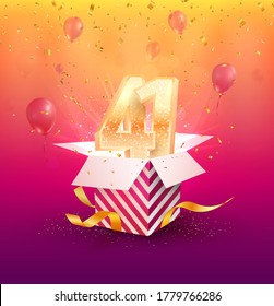 41 th years anniversary vector design element. Isolated forty one years jubilee with gift box, balloons and confetti on a bright background. 