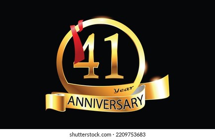 41 Year Anniversary celebration Vector Design with ring and red ribbon. 41st Anniversary celebration. Gold Luxury Banner of 41st Anniversary celebration. forty-first celebration card. 