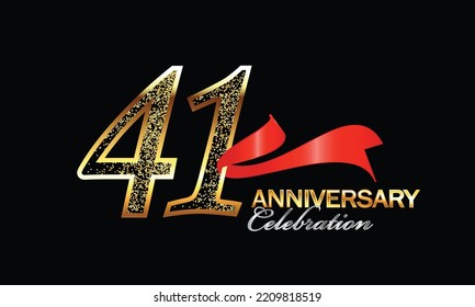 41 Year Anniversary celebration Vector Design with red ribbon and glitter. 41st Anniversary celebration. Gold Luxury Banner of 41st Anniversary. forty-nine celebration card