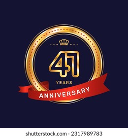 41 year anniversary logo with gold ring and red ribbon, vector template