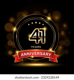 41 year anniversary logo with a gold emblem shape and red ribbon, logo template vector