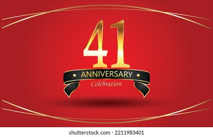 41 year Anniversary with red background. 41st Golden anniversary banner. red anniversary celebration. Golden anniversary with ribbon