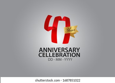 41 Year Anniversary Red Color Ribbon style with Golden Ribbon Color on Grey Background - Vector