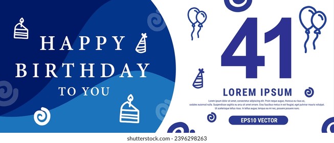 41 year celebration Creative Happy Birthday Text. Blue color decorative banner design, Vector illustration.