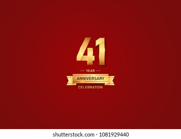 41 year golden anniversary vector illustration with gold ribbon isolated on red background