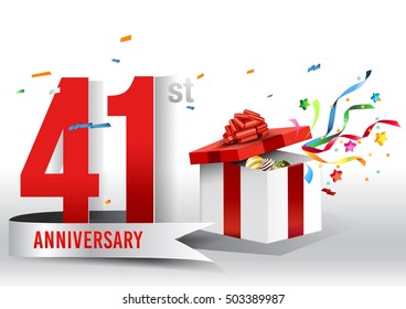 41 years anniversary background with ribbon, confetti and gift on white. Poster or brochure template. Vector illustration.