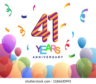 41 years anniversary celebration with colorful balloons and confetti, colorful design for greeting card birthday celebration