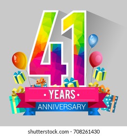 41 Years Anniversary Celebration Design, with gift box and balloons, red ribbon, Colorful polygonal logotype, Vector template elements for your birthday party.