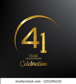 41 years anniversary celebration. Anniversary logo with swoosh and elegance golden color isolated on black background, vector design for celebration, invitation card, and greeting card