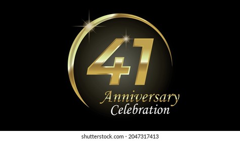 41 years anniversary celebration. Anniversary logo with ring in golden color isolated on black background with golden light, vector design for celebration, invitation card and greeting card