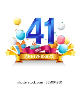 41 Years Anniversary celebration logo, birthday vector illustration, with gift box and balloons, colorful polygonal design.