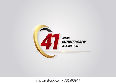 41 Years Anniversary Celebration Logotype. Red Elegant Vector Illustration with Gold Swoosh, Isolated on Black Background can be use for Celebration, Invitation, and Greeting card