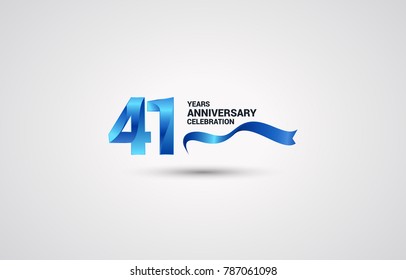 41 Years Anniversary celebration logotype colored with shiny blue, using ribbon and isolated on white background