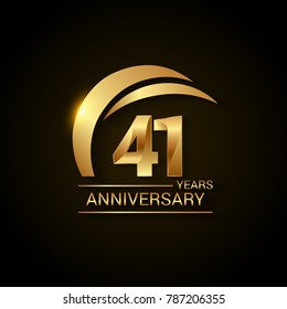 41 Years Anniversary Celebration Logotype. Golden Elegant Vector Illustration  with Gold Swoosh,  Isolated on Black Background can be use for Celebration, Invitation, and Greeting card