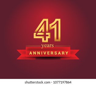 41 years anniversary design with red ribbon and golden color isolated on red background, Design for anniversary celebration.