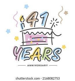 41 Years Anniversary handwritten typography lettering Greeting card with colorful big cake, sparkle firework, number, candle and confetti