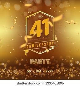 Plantilla de logo con logo de 41 años sobre fondo dorado. 41ª celebración de números dorados con elementos de diseño aislados de cinta roja vectorial y confetti