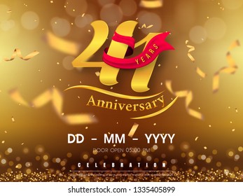 41 years anniversary logo template on gold background. 41st celebrating golden numbers with red ribbon vector and confetti isolated design elements