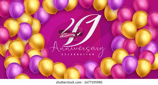 41 years anniversary logo template design on pink background and balloons. 41st anniversary celebration background with pink ribbon and balloons. Party poster or brochure template. Vector illustration