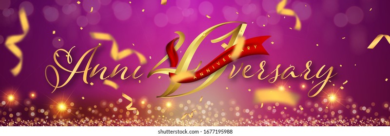 41 years anniversary logo template on gold and purple background. 41st celebrating golden numbers with red ribbon vector and confetti isolated design elements