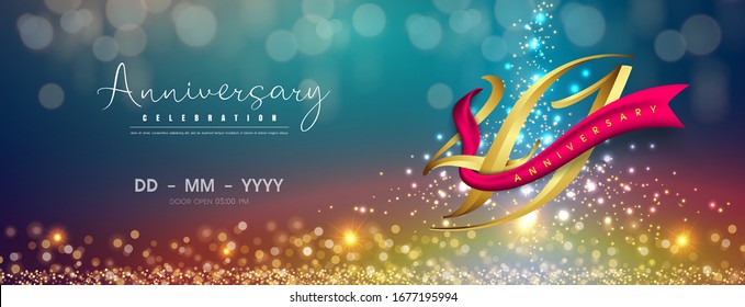 41 years anniversary logo template on gold and blue background. 41st celebrating golden numbers with red ribbon vector and confetti isolated design elements