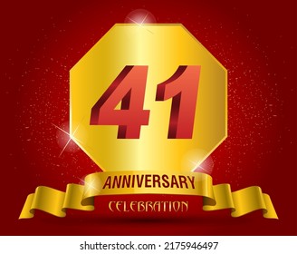  41 years anniversary logo template. Red numbers with golden ribbon.