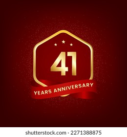 41 years anniversary. Anniversary template design with gold number and red ribbon, design for event, invitation card, greeting card, banner, poster, flyer, book cover and print. Vector Eps10