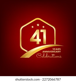 41 years anniversary. Anniversary template design inside of gold hexagon and curve with red background, design for event, invitation card, greeting card, banner, poster, flyer, book cover and print.