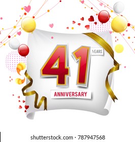 41 years anniversary vector illustration, banner, flyer, logo, icon, symbol. Graphic design element with flag, balloon, ribbon, confetty. Birthday greeting, event celebration