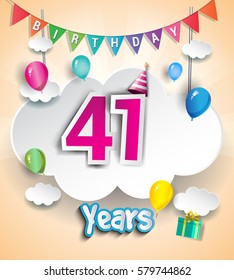 41 Years Birthday Design for greeting cards and poster, with clouds and gift box, balloons. using Paper Art Design Style. vector elements for anniversary celebration.