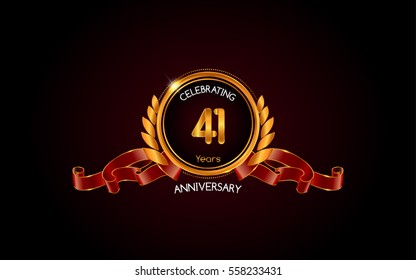 41 years gold anniversary celebration logo with red ribbon , isolated on dark background