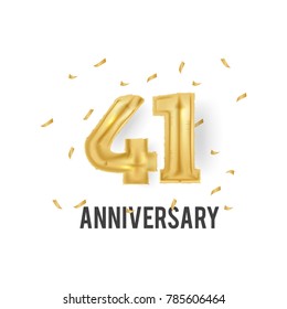 41 Years Golden Aluminum Foil Balloon anniversary logotype with golden confetti isolated on white background