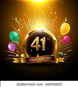 41 years golden anniversary logo celebration with ring, ribbon, firework, and balloon