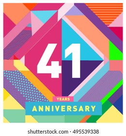 41 years greeting card anniversary with colorful number and frame. logo and icon with Memphis style cover and design template