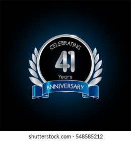 41 years silver anniversary celebration logo with blue ribbon , isolated on dark background