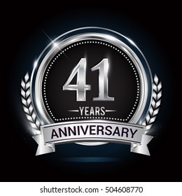 41 years silver anniversary logo with laurel wreath, ribbon and silver ring. vector design