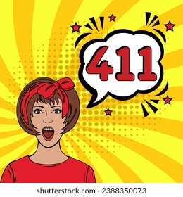 Diseño de vectores 411 con dibujos animados, Bubble de voz cómica al estilo de arte pop. 411 estilo de comic de arte pop