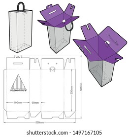 413 flute E with cord handle(Internal measurement 18 x 9+ 33 cm) and Die-cut Pattern. The .eps file is full scale and fully functional. Prepared for real cardboard production.