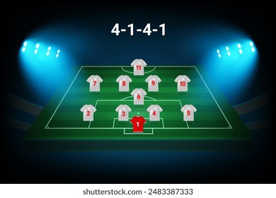 4-1-4-1 football team formation template. Soccer players with numbers. Vector template