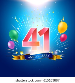 41st Anniversary with balloon, confetti, and blue background.