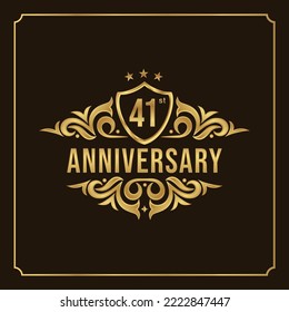 41st anniversary card. Beautiful greeting banner poster and golden logo with gold text word and gold number.