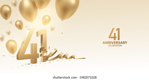 41st Anniversary celebration background. 3D Golden numbers with bent ribbon, confetti and balloons.