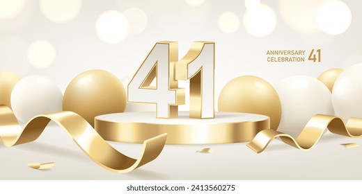 41st Anniversary celebration background. Golden 3D numbers on round podium with golden ribbons and balloons with bokeh lights in background.