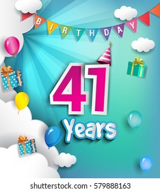41st Anniversary Celebration Design, with clouds and balloons. using Paper Art Design Style, Vector template elements for your, forty one years birthday celebration party.