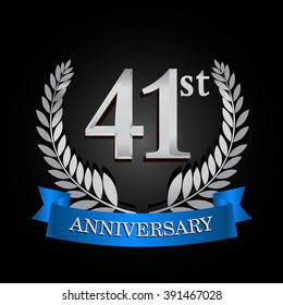 41st anniversary logo with blue ribbon and laurel wreath, vector template for birthday celebration.