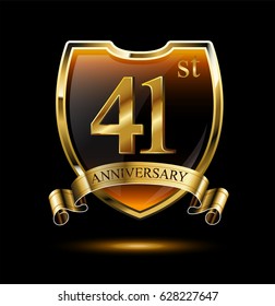 41st anniversary logo with golden shield and ribbon. Vector illustration celebration template