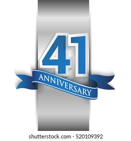 41st anniversary logo with silver label and blue ribbon, Vector design template elements for your birthday party.